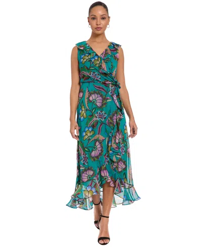 London Times Petite Ruffle Trim Surplice Neck High-low Dress In Green
