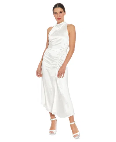 London Times Petite Satin Side-ruched Cowlneck Midi Dress In White