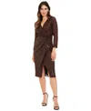 London Times Petite Sequin Faux-wrap Long-sleeve Dress In Brown