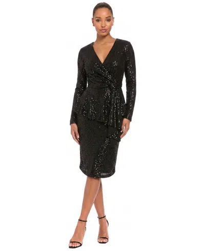 London Times Petite Sequin-embellished Peplum V-neck Sheath Dress In Black