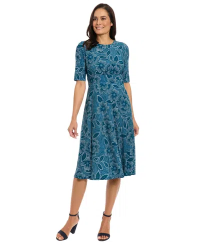 London Times Petite Shirred Short-sleeve Midi Dress In Blue