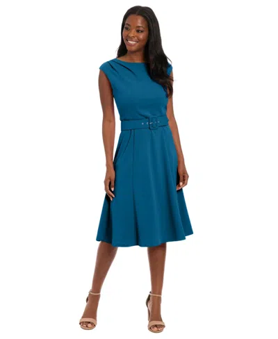 London Times Petite Short-sleeve Belted Fit & Flare Dress In Blue