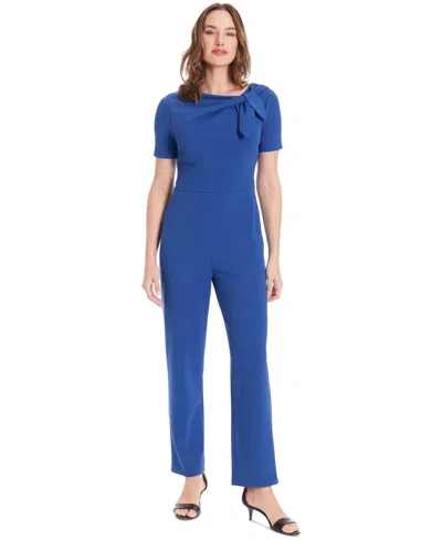 London Times Petite Short-sleeve Bow-neck Jumpsuit In Blue