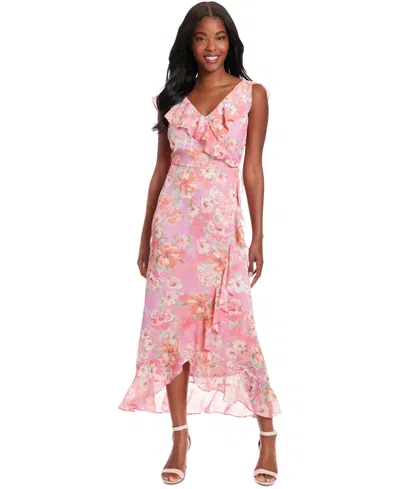 London Times Petite Short-sleeve Chiffon Maxi Dress In Pink Multi