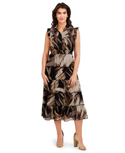 London Times Petite Short Sleeve Tiered Midi Dress In Multi