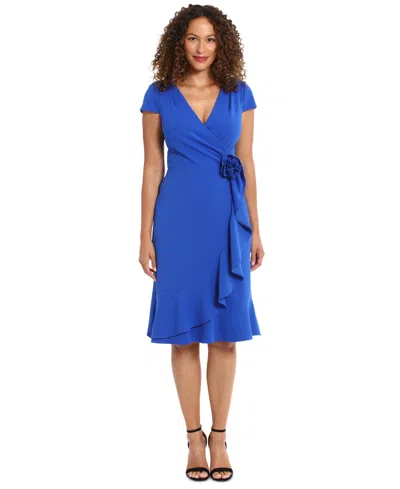 London Times Petite Short-sleeve V-neck Faux-wrap Dress In Blue Cobalt