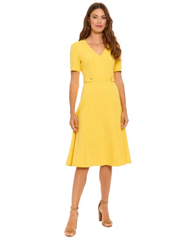 London Times Petite Short-sleeve V-neck Midi Dress In Yellow