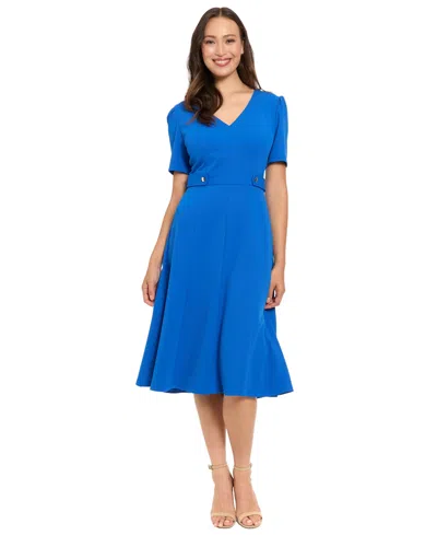 London Times Petite Short-sleeve V-neck Midi Dress In Blue