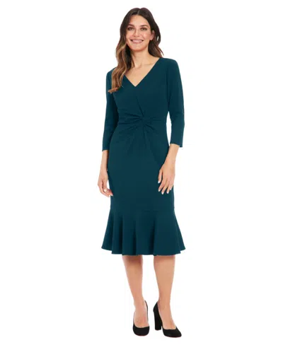 London Times Petite Side-knit 3/4-sleeve Midi Dress In Blue