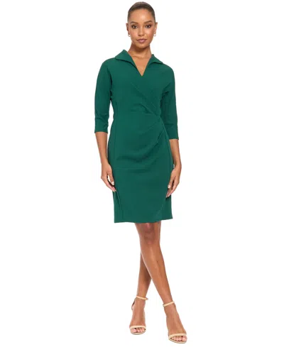 London Times Petite Side Ruche Scuba Crepe V-neck Dress In Green