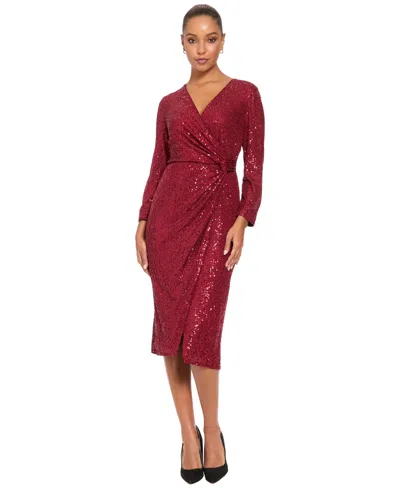 London Times Petite Side Twist Long-sleeve Sequin Midi Dress In Red