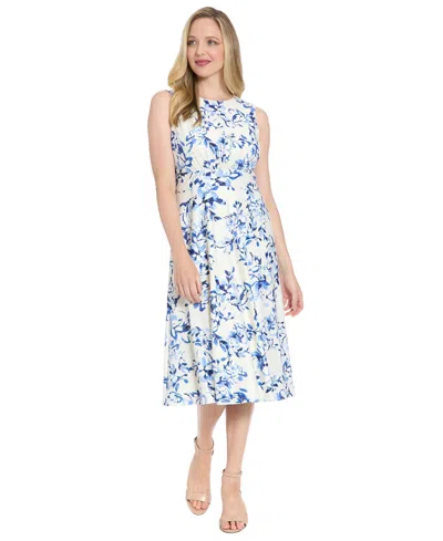 London Times Petite Sleeveless Jewel Neck Midi Dress In Blue