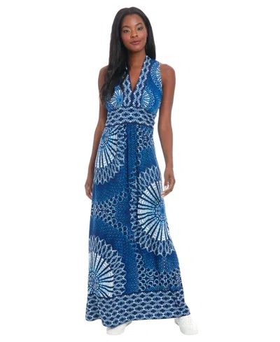 London Times Petite Sleeveless V-neck Maxi Dress In Blue