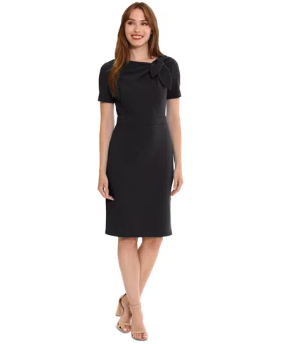 London Times Petite Solid Bow-neck Short-sleeve Sheath Dress In Black