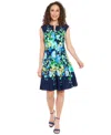 London Times Plus Size Split-neck Floral-print Fit & Flare Dress In Navy Blue