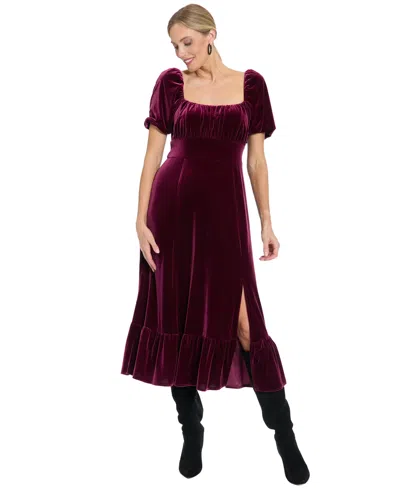 London Times Petite Square Neck Midi Dress In Burgundy
