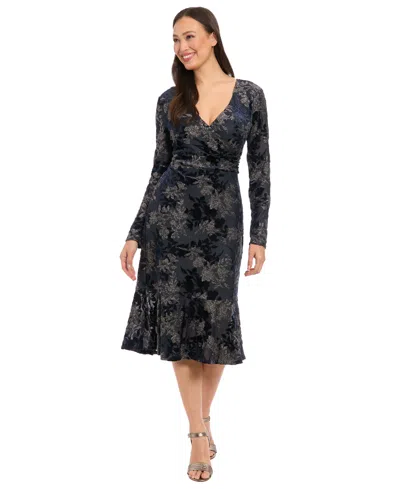 London Times Petite Surplice Burnout Midi Dress In Black