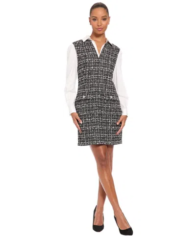 London Times Petite Tweed Twofer Collared A-line Dress In Black