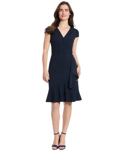 London Times Petite V-neck Jersey Fit & Flare Dress In Navy