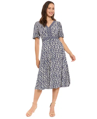 London Times Petite V-neck Fit & Flare Midi Dress In Blue