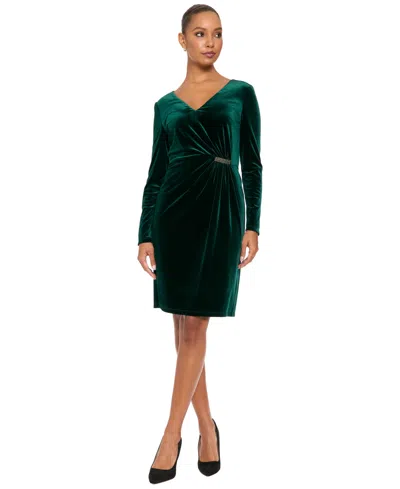 London Times Petite V-neck Long-sleeve Ruched Velvet Knee-length Dress In Green