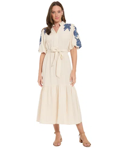 London Times Petite V-neck Midi Dress In Neutral