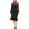 London Times Plus Size Beaded Illusion Mock-neck Midi Dress In Black
