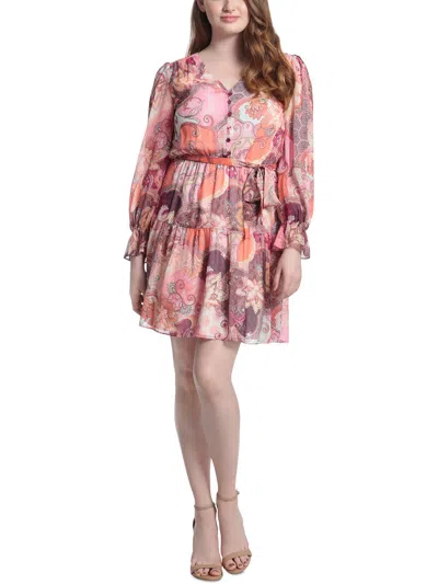 London Times Petites Womens Chiffon Printed Fit & Flare Dress In Pink