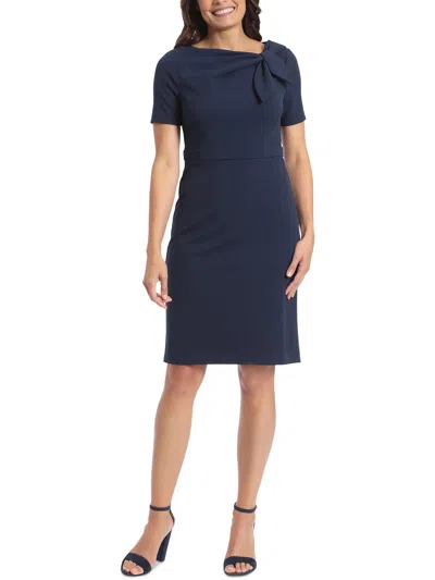 London Times Petite Solid Bow-neck Short-sleeve Sheath Dress In Navy