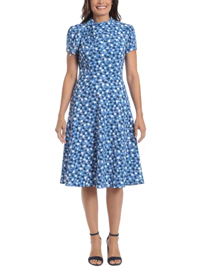 London Times Petites Womens Tie-neck Knee Length Fit & Flare Dress In Blue