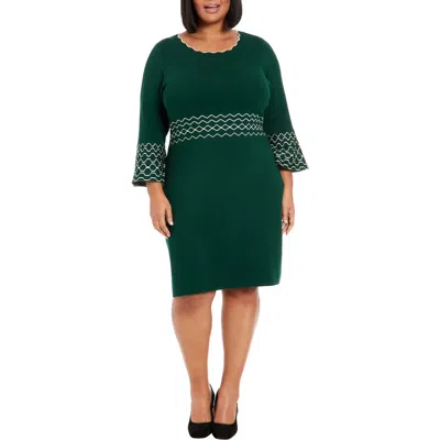 London Times Piped Bell Sleeve Sweater Dress In Green