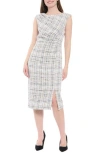 London Times Plaid Sleeveless Bouclé Midi Sheath Dress In Gray