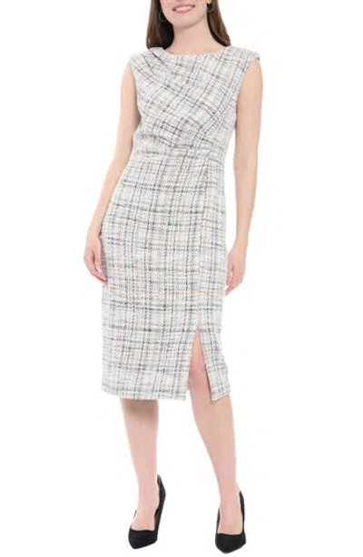 London Times Plaid Sleeveless Bouclé Midi Sheath Dress In Gray