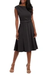 London Times Pleated Boat Neck Fit & Flare Dress In Black