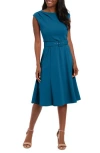 London Times Pleated Boat Neck Fit & Flare Dress In Blue
