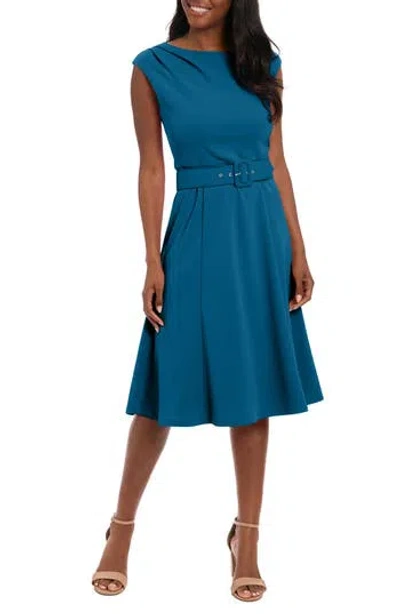 London Times Pleated Boat Neck Fit & Flare Dress In Blue