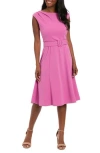 London Times Pleated Boat Neck Fit & Flare Dress In Pink