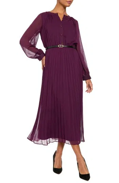 London Times Pleated Long Sleeve Midi Shirtdress In Gray