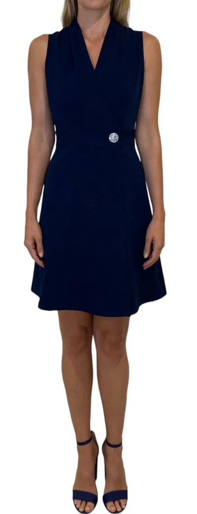 London Times Pleated Neck Wrap Dress In Navy In Blue