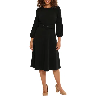London Times Pleated Sleeve Belted Fit & Flare Dress In Black