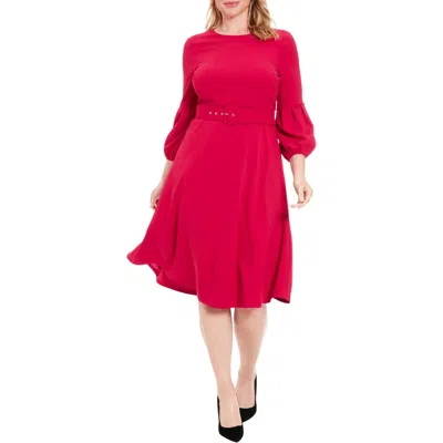 London Times Pleated Sleeve Belted Fit & Flare Dress In Red