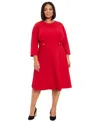 London Times Plus Size 3/4-sleeve Tab-waist Fit & Flare Dress In Red