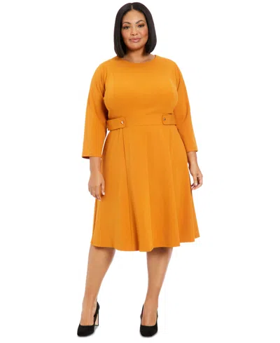 London Times Plus Size 3/4-sleeve Tab-waist Fit & Flare Dress In Honey