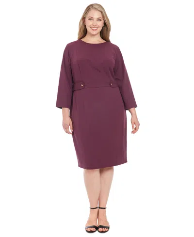 London Times Plus Size 3/4-sleeve Tab-waist Sheath Dress In Eggplant
