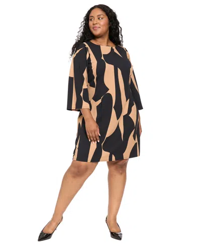 London Times Plus Size 3/4-sleeve Geometric-print Scuba Crepe Shift Dress In Black