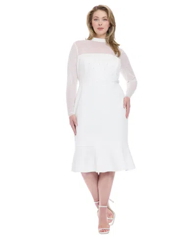 London Times Plus Size Beaded Illusion Mock-neck Midi Dress