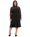 London Times Plus Size Beaded Illusion Mock-neck Midi Dress In Black