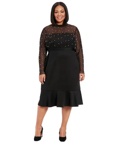 London Times Plus Size Beaded Illusion Mock-neck Midi Dress In Black