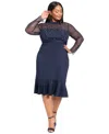 London Times Plus Size Beaded Illusion Mock-neck Midi Dress In Blue