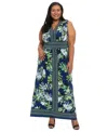 London Times Plus Size Border-print V-neck Maxi Dress